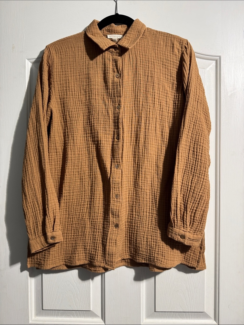 Eileen Fisher Organic Cotton Gauze Button Up Tunic XS Camel | Textured Crinkle